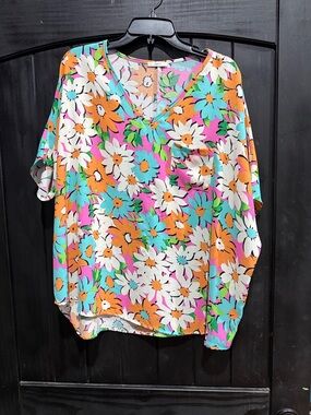 JODIFL Multicolor Floral V-Neck Tunic — Turquoise, Orange, White, Pink